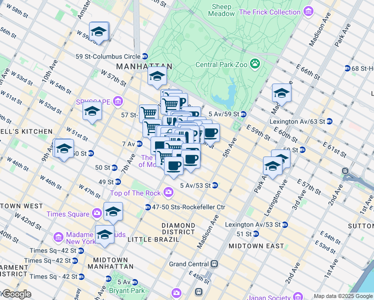 map of restaurants, bars, coffee shops, grocery stores, and more near 1350 6th Avenue in New York