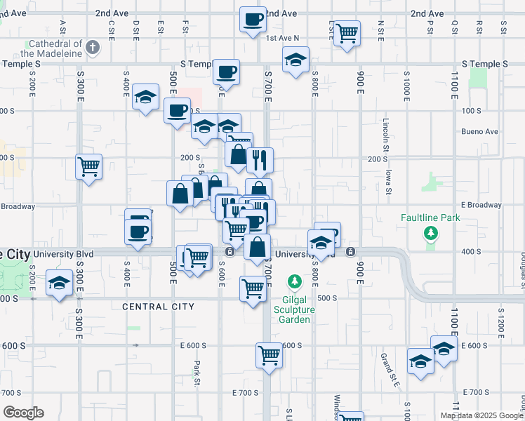 map of restaurants, bars, coffee shops, grocery stores, and more near 302 South 700 East in Salt Lake City