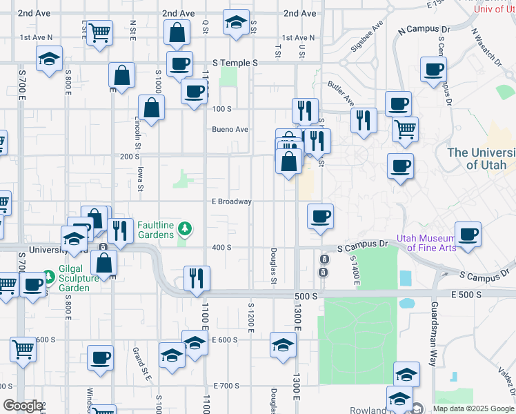 map of restaurants, bars, coffee shops, grocery stores, and more near 305 South 1200 East in Salt Lake City