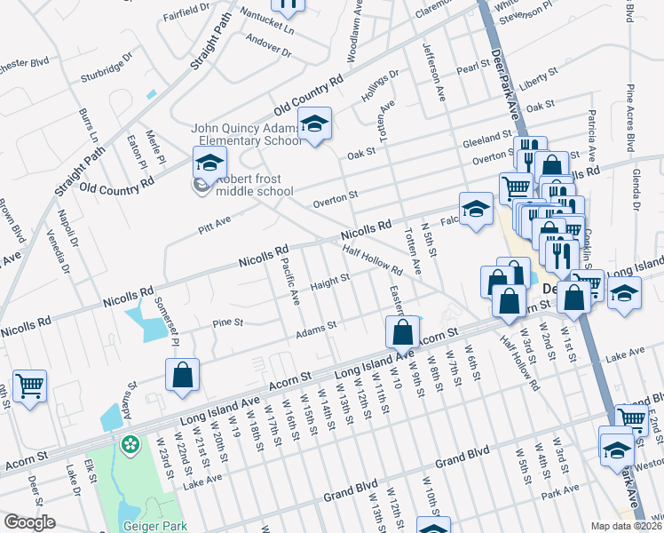 map of restaurants, bars, coffee shops, grocery stores, and more near 79 Howell Avenue in Deer Park