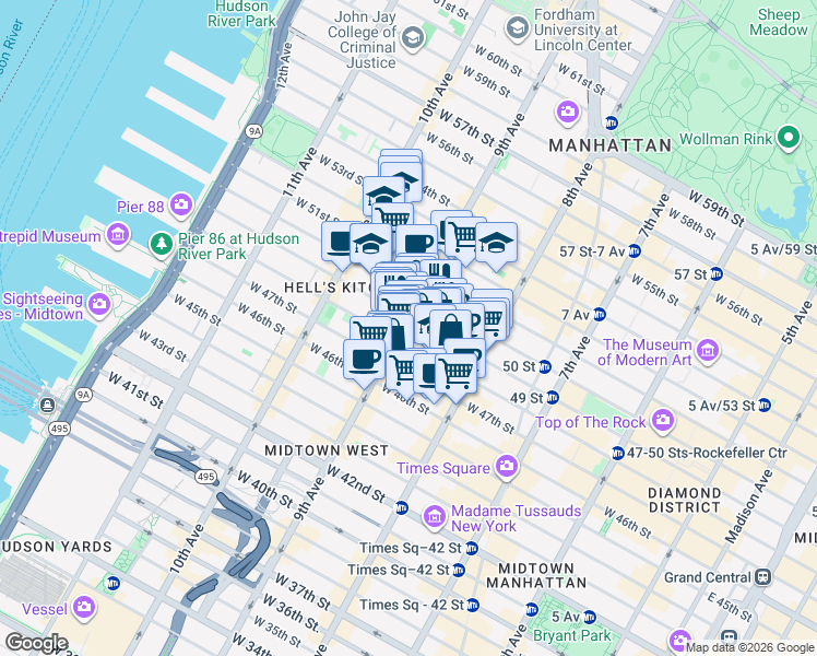 map of restaurants, bars, coffee shops, grocery stores, and more near 712 9th Avenue in New York