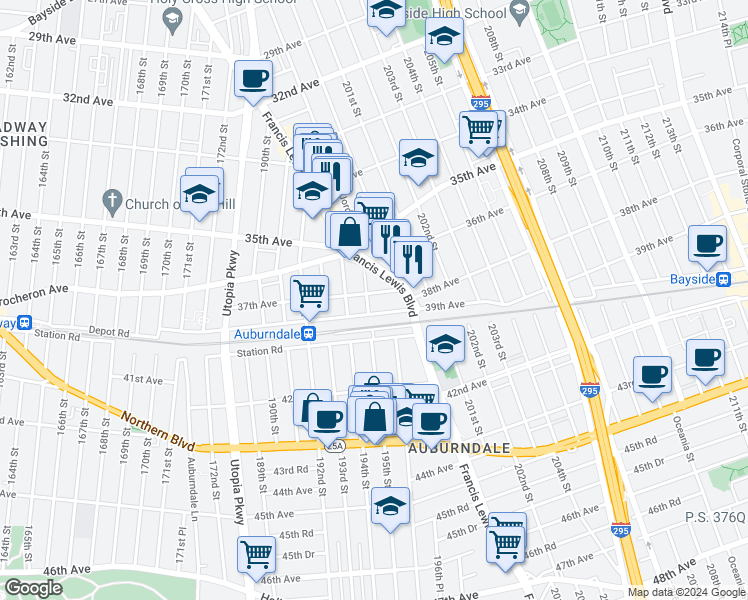 map of restaurants, bars, coffee shops, grocery stores, and more near 195-06 37th Avenue in Queens