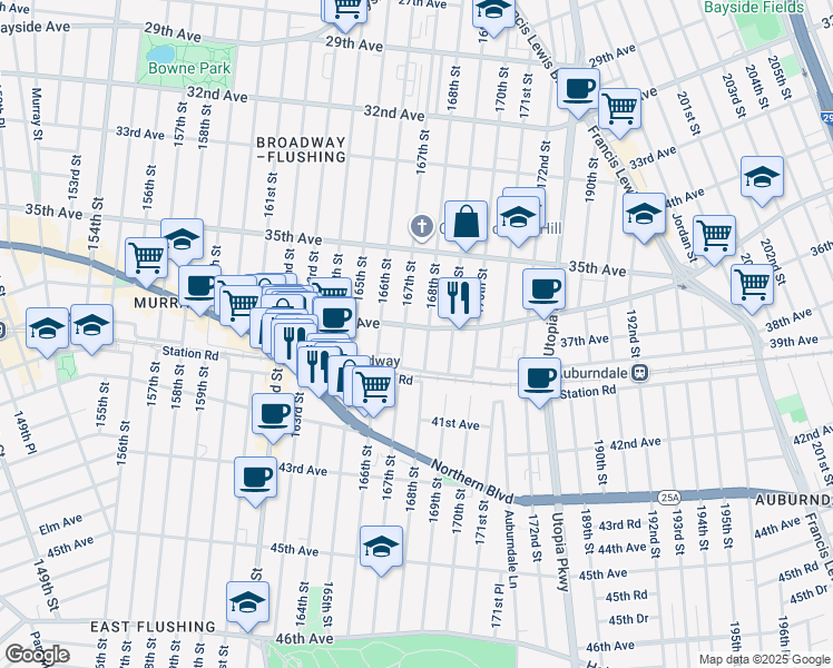 map of restaurants, bars, coffee shops, grocery stores, and more near 167-10 Crocheron Avenue in Queens