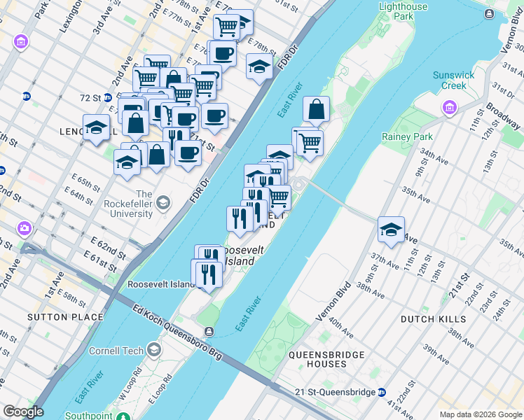 map of restaurants, bars, coffee shops, grocery stores, and more near 575 Main Street in New York