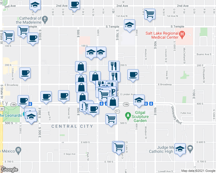 map of restaurants, bars, coffee shops, grocery stores, and more near 624 East Broadway in Salt Lake City