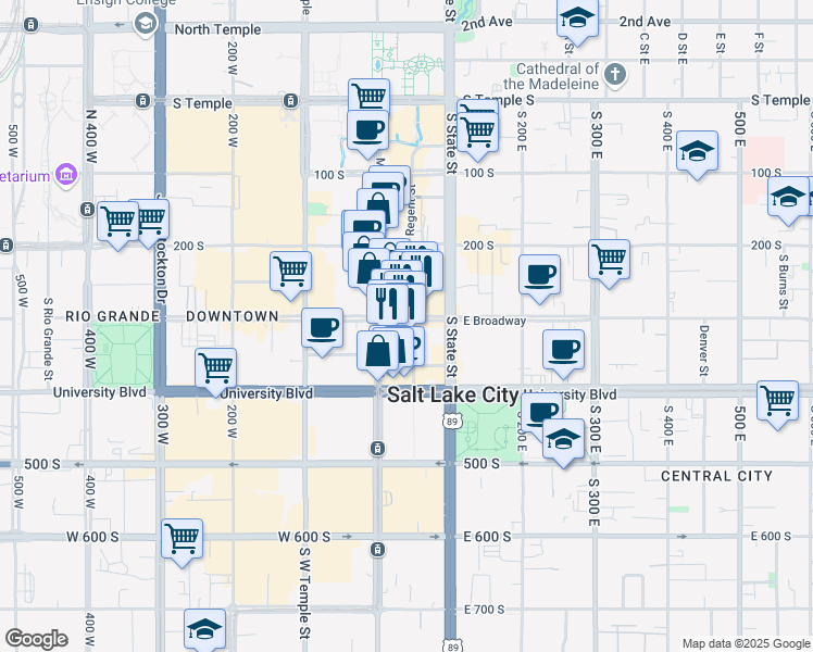 map of restaurants, bars, coffee shops, grocery stores, and more near 48 East Broadway in Salt Lake City