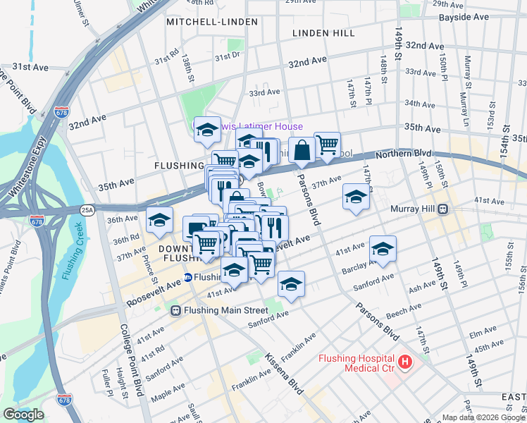 map of restaurants, bars, coffee shops, grocery stores, and more near 37-08 Bowne Street in Queens