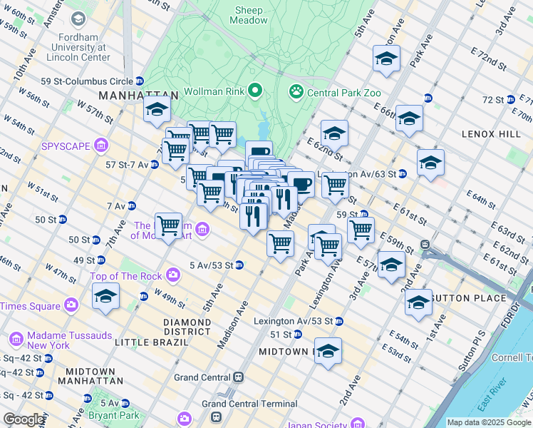 map of restaurants, bars, coffee shops, grocery stores, and more near 731 5th Avenue in New York