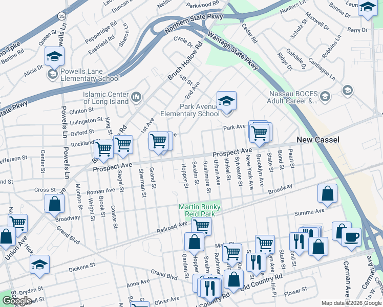 map of restaurants, bars, coffee shops, grocery stores, and more near 893 Prospect Avenue in Westbury