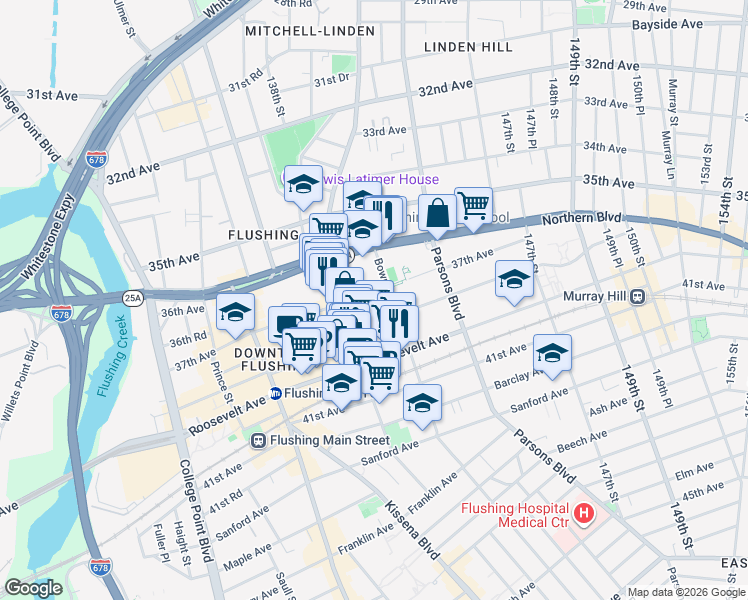 map of restaurants, bars, coffee shops, grocery stores, and more near 37-08 Bowne Street in Queens