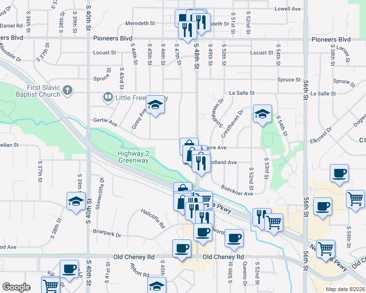 map of restaurants, bars, coffee shops, grocery stores, and more near 4631 Claire Avenue in Lincoln