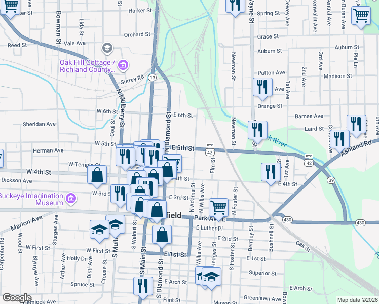 map of restaurants, bars, coffee shops, grocery stores, and more near 102 West 5th Street in Mansfield