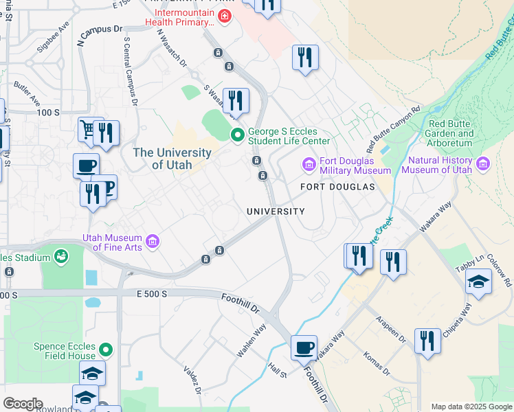 map of restaurants, bars, coffee shops, grocery stores, and more near 1901 E South Campus Dr in Salt Lake City