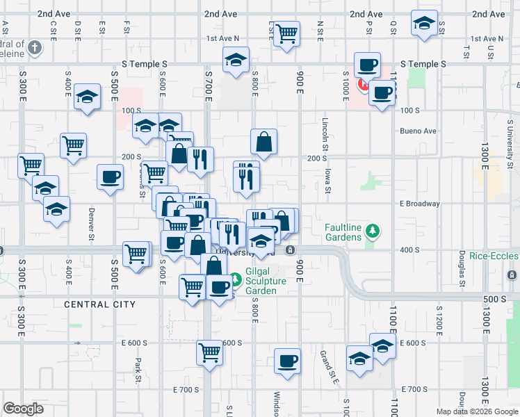 map of restaurants, bars, coffee shops, grocery stores, and more near 310-320 800 East in Salt Lake City
