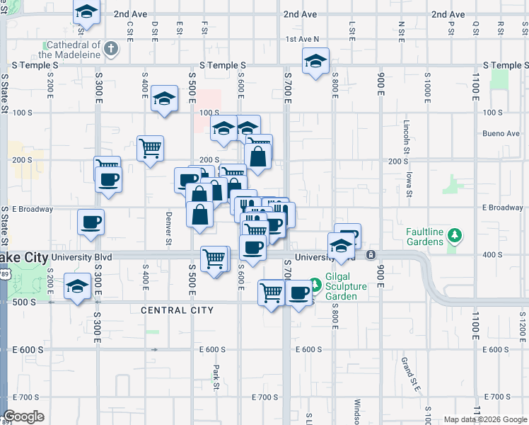 map of restaurants, bars, coffee shops, grocery stores, and more near 624 East Broadway in Salt Lake City