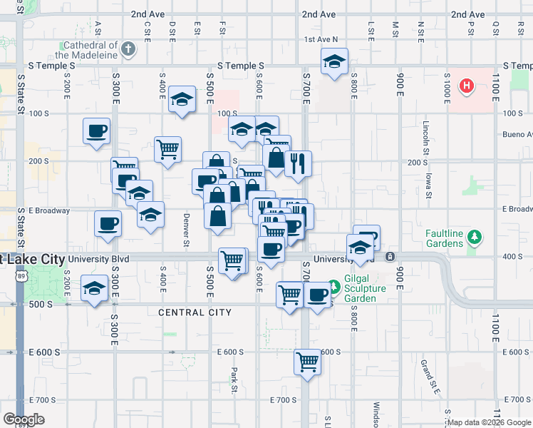 map of restaurants, bars, coffee shops, grocery stores, and more near 624 East Broadway in Salt Lake City