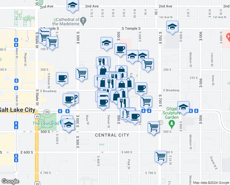 map of restaurants, bars, coffee shops, grocery stores, and more near 460 East 300 South in Salt Lake City