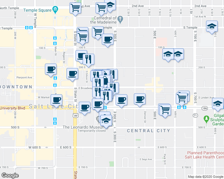 map of restaurants, bars, coffee shops, grocery stores, and more near 256 300 South in Salt Lake City