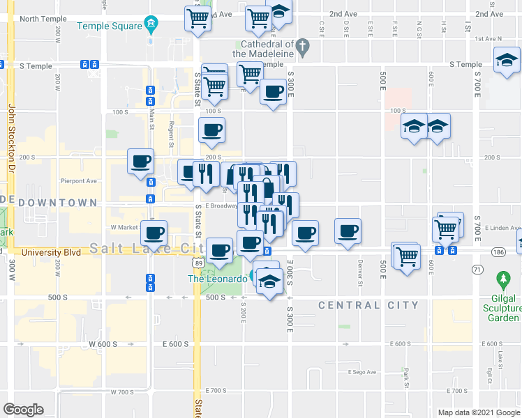 map of restaurants, bars, coffee shops, grocery stores, and more near 200 East 300 South in Salt Lake City