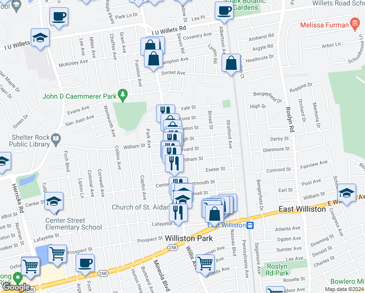 map of restaurants, bars, coffee shops, grocery stores, and more near 25 Harvard Street in Williston Park