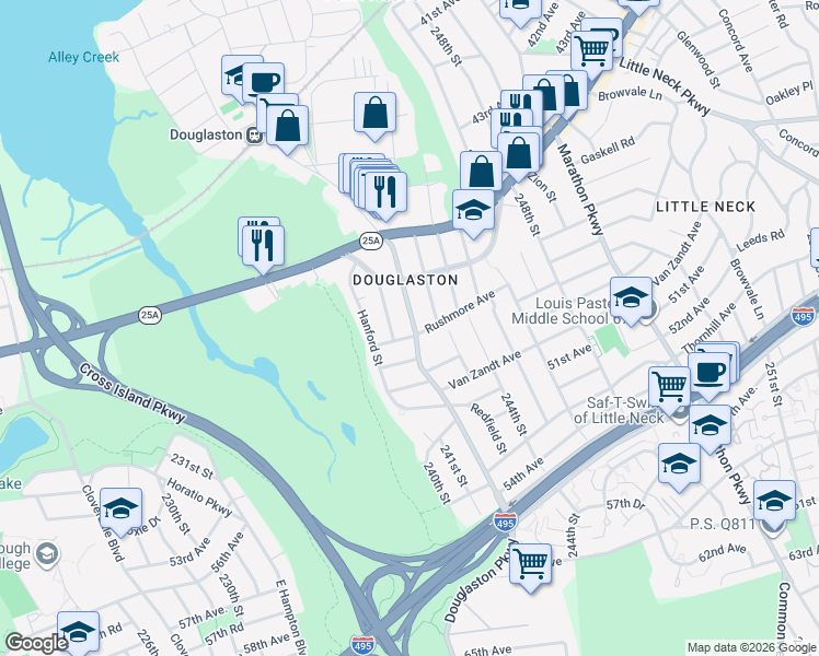 map of restaurants, bars, coffee shops, grocery stores, and more near 241-15 Rushmore Avenue in Queens