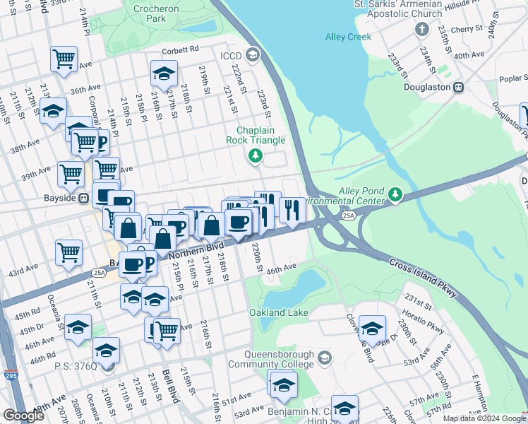 map of restaurants, bars, coffee shops, grocery stores, and more near 43-11 220th Place in Queens