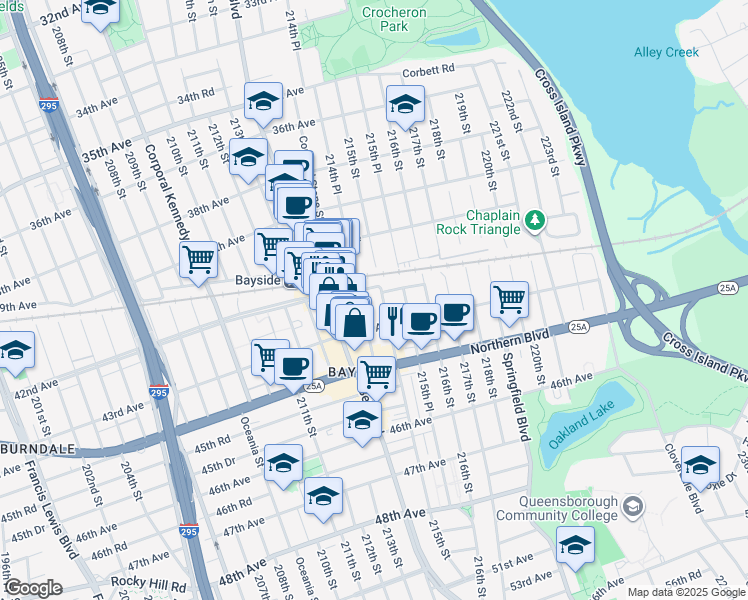 map of restaurants, bars, coffee shops, grocery stores, and more near 4216 214th Place in Queens