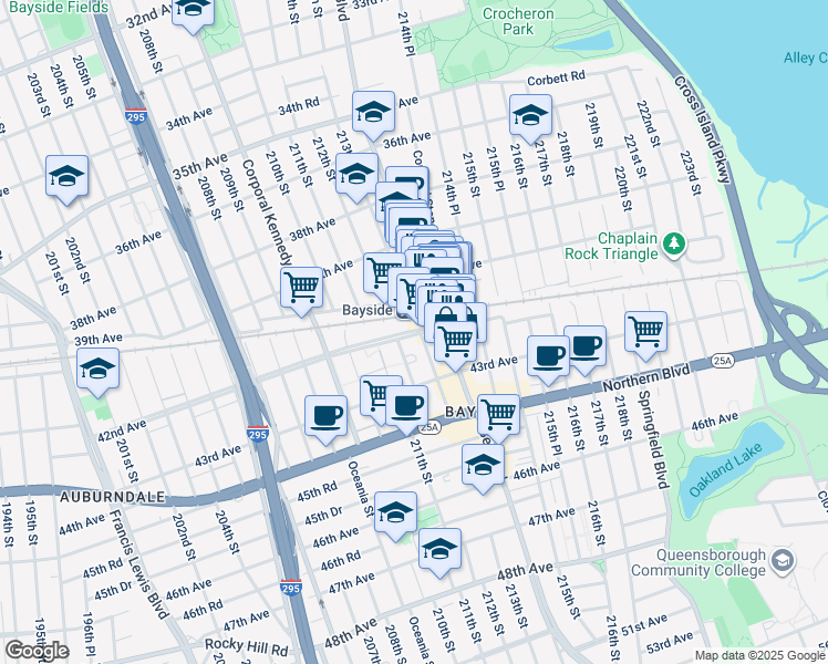 map of restaurants, bars, coffee shops, grocery stores, and more near 212-16 42nd Avenue in Queens