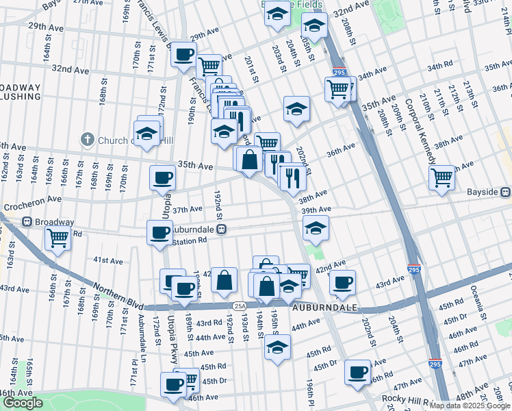 map of restaurants, bars, coffee shops, grocery stores, and more near 194-02 37th Avenue in Queens