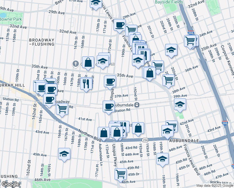 map of restaurants, bars, coffee shops, grocery stores, and more near 189-15 37th Avenue in Queens