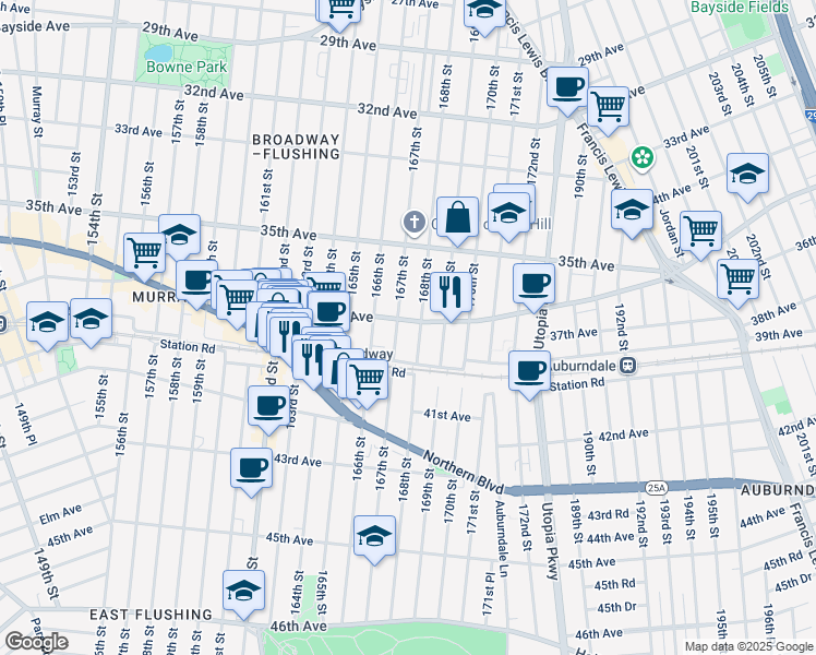 map of restaurants, bars, coffee shops, grocery stores, and more near 167-10 Crocheron Avenue in Queens