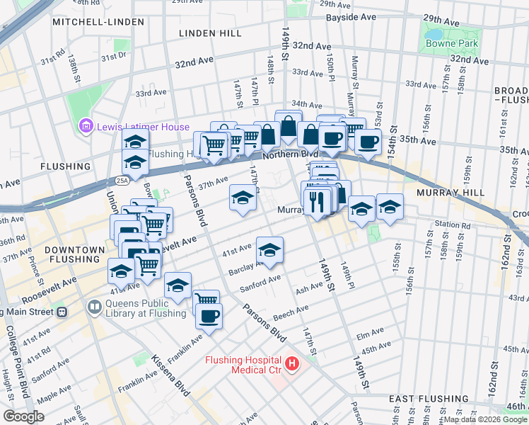 map of restaurants, bars, coffee shops, grocery stores, and more near 147-12 Roosevelt Avenue in Queens