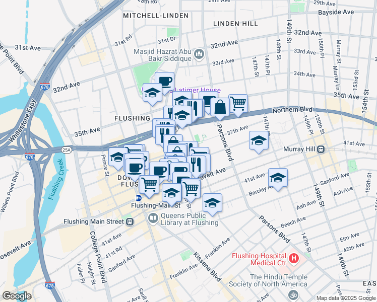 map of restaurants, bars, coffee shops, grocery stores, and more near 37-08 Bowne Street in Queens
