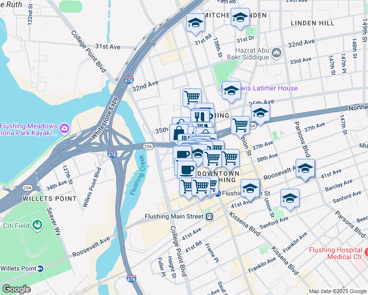 map of restaurants, bars, coffee shops, grocery stores, and more near 13502 Northern Boulevard in Queens