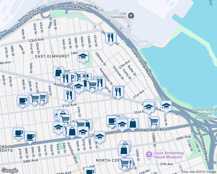 map of restaurants, bars, coffee shops, grocery stores, and more near 2735 McIntosh Street in Queens
