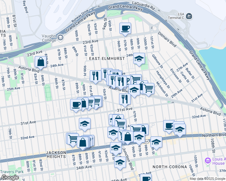 map of restaurants, bars, coffee shops, grocery stores, and more near in Queens