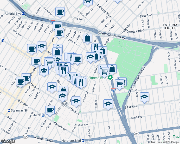 map of restaurants, bars, coffee shops, grocery stores, and more near 25-88 49th Street in Queens