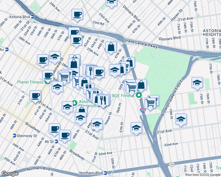 map of restaurants, bars, coffee shops, grocery stores, and more near 25-88 49th Street in Queens