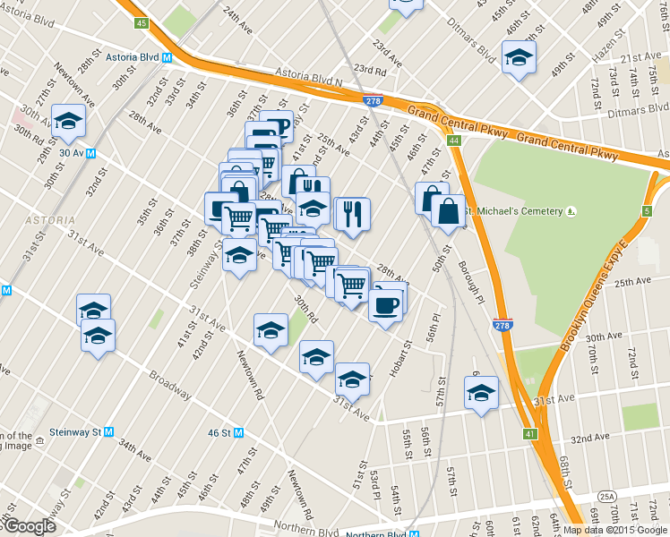 map of restaurants, bars, coffee shops, grocery stores, and more near 28-46 46th Street in Queens