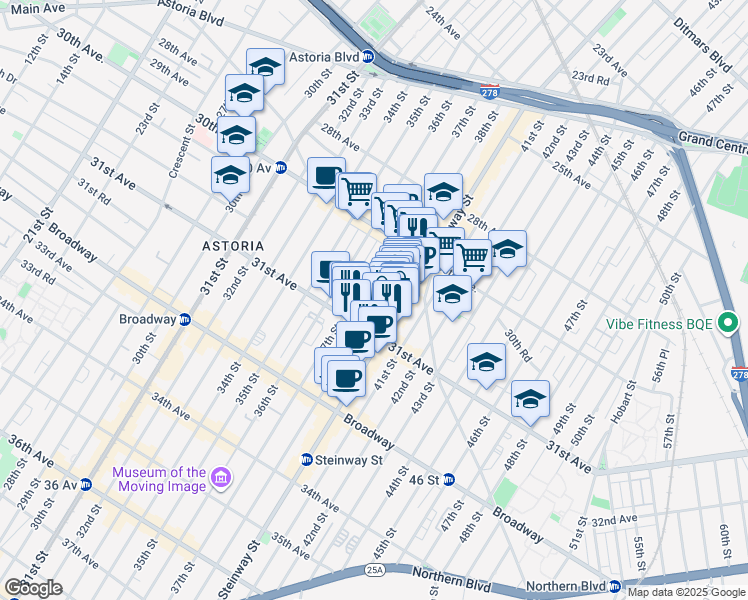 map of restaurants, bars, coffee shops, grocery stores, and more near 38-05 31st Avenue in Queens