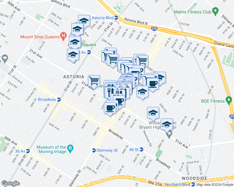map of restaurants, bars, coffee shops, grocery stores, and more near 38-05 31st Avenue in Queens