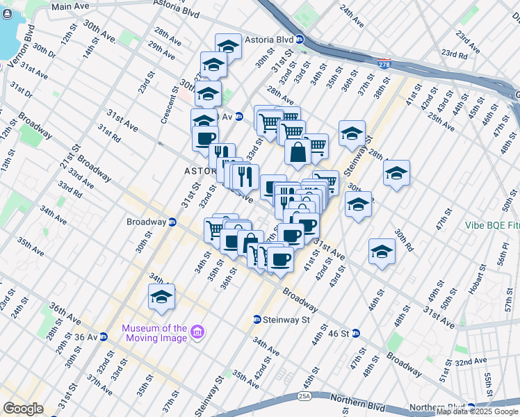 map of restaurants, bars, coffee shops, grocery stores, and more near 35-6 31st Avenue in Queens
