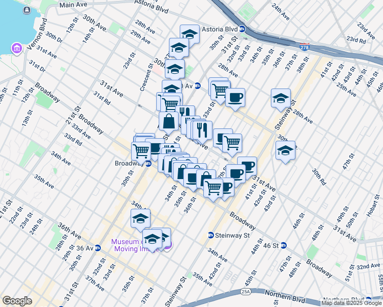 map of restaurants, bars, coffee shops, grocery stores, and more near 31-23 34th Street in Queens