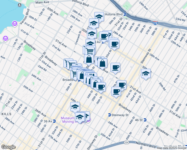 map of restaurants, bars, coffee shops, grocery stores, and more near 31-40 33rd Street in Queens