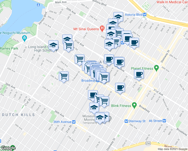 map of restaurants, bars, coffee shops, grocery stores, and more near 30-01 Broadway in Queens