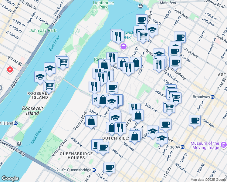 map of restaurants, bars, coffee shops, grocery stores, and more near 10-06 35th Avenue in Queens
