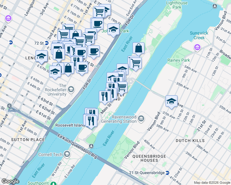 map of restaurants, bars, coffee shops, grocery stores, and more near 571 Main Street in New York