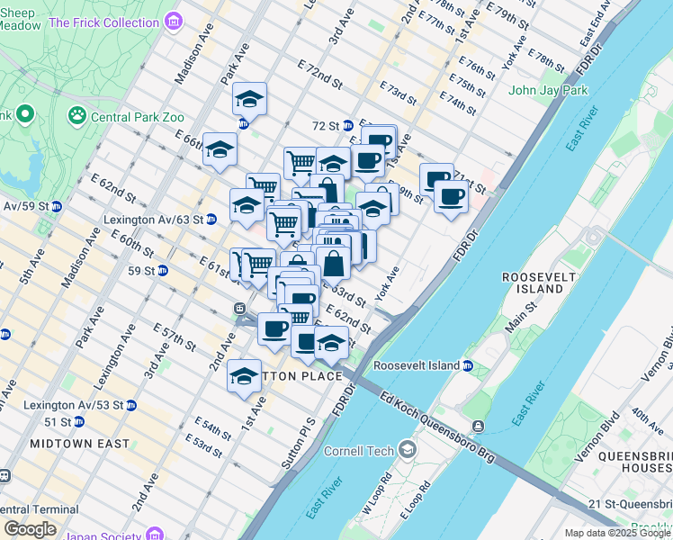 map of restaurants, bars, coffee shops, grocery stores, and more near 403 East 64th Street in New York