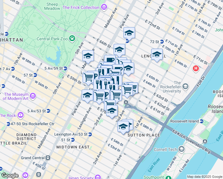 map of restaurants, bars, coffee shops, grocery stores, and more near 1000 3rd Avenue in New York