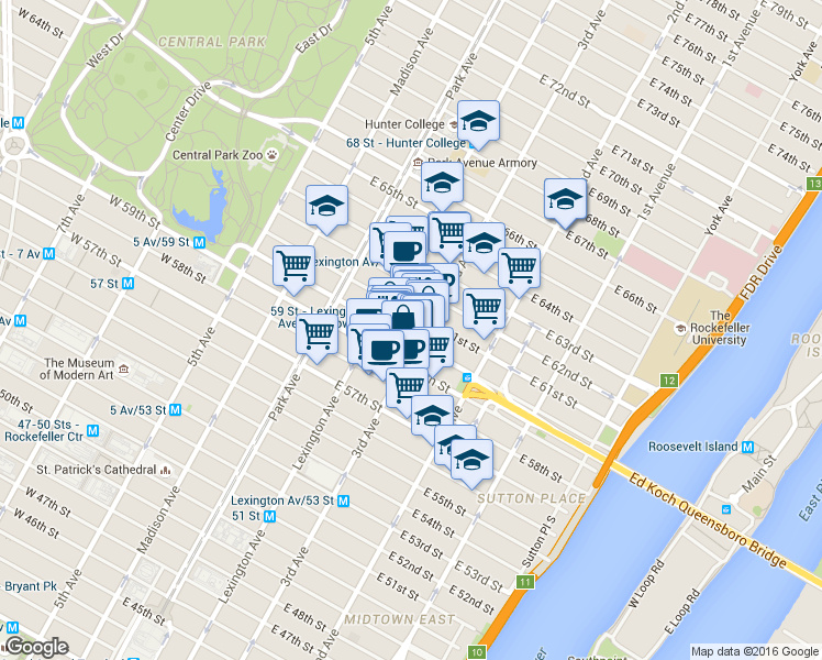 map of restaurants, bars, coffee shops, grocery stores, and more near 1000 3rd Avenue in New York